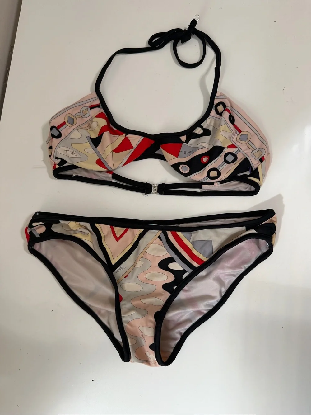Emilio Pucci Bikini Set Size 44 IT US 8 Signature Print Halter Made In Italy